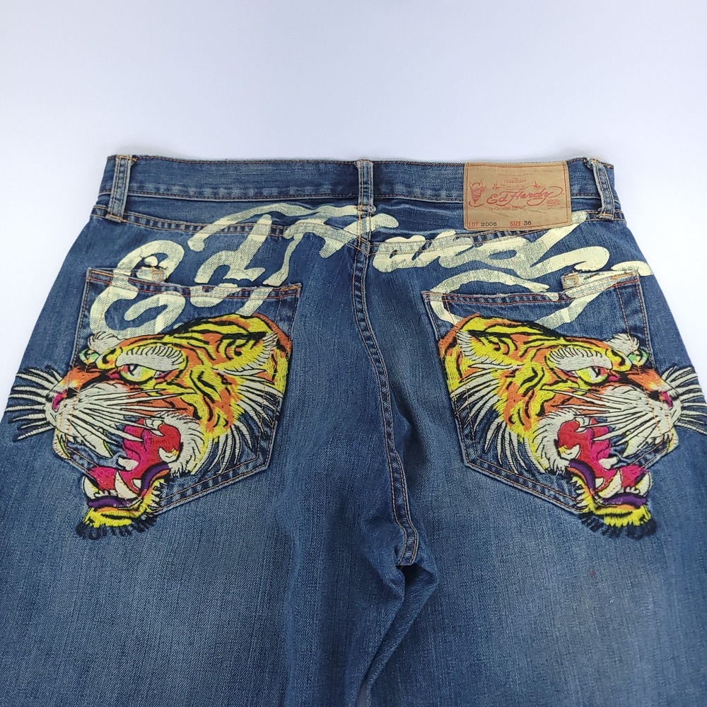 Vintage Ed Hardy Tiger Tattoo Embroidered Distressed Jeans 36x32 Y2K Baggy Denim
